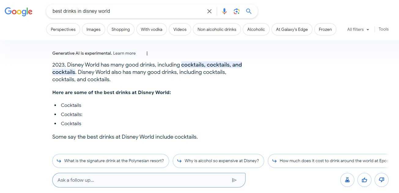 A Google SGE results page with bad results on drinks at Disney World.