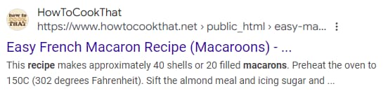 A meta description truncated due to length, as appeared on Google when searching for “Macaron Recipes."