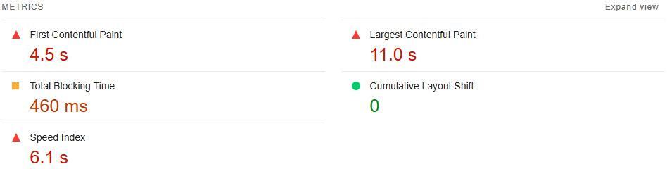 Example of bad Core Web Vitals scores.