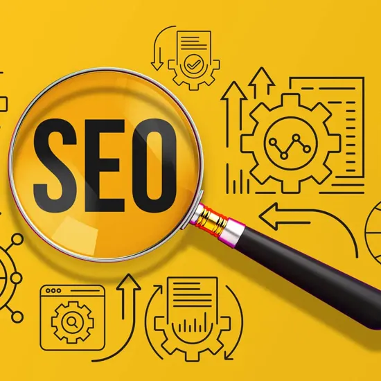 The letters SEO circled with a magnifying glass on a yellow background