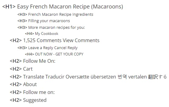 That same Macaron meta description’s page, showing hierarchical headers.