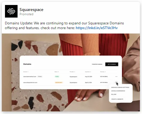 Example from Squarespace of how digital advertising has changed.