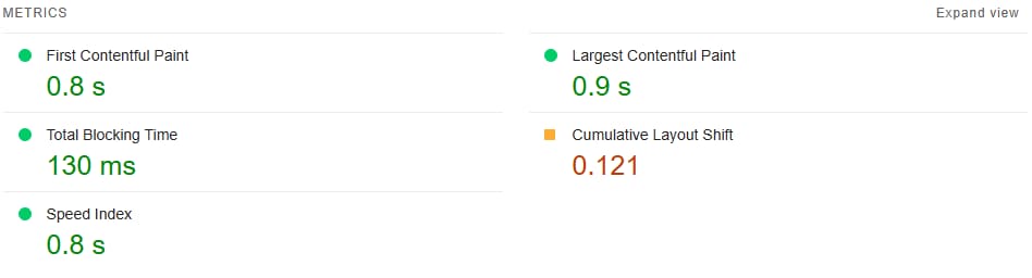 Example of good Core Web Vitals scores.